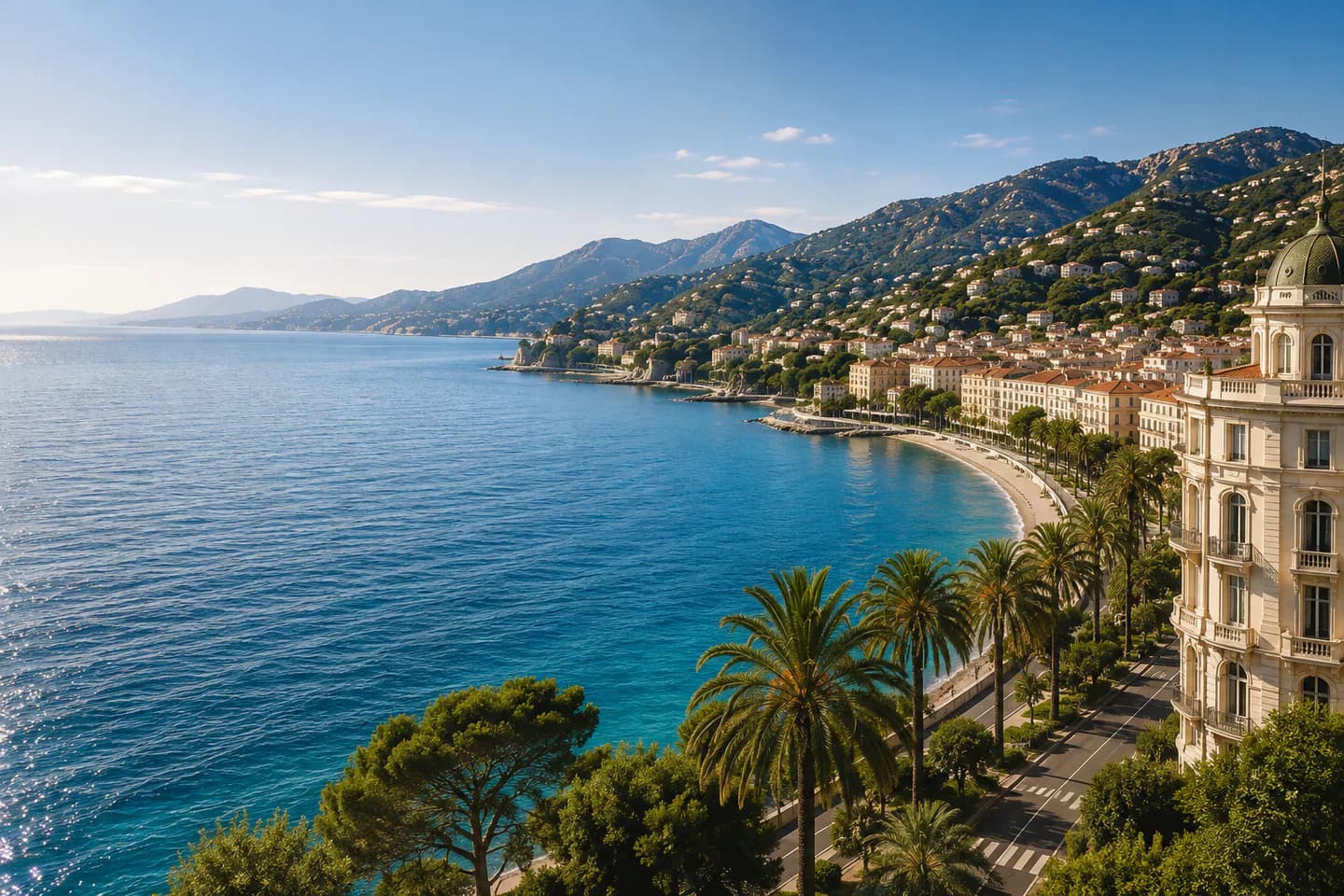 A yacht in the bay beneath the French Riviera coastline