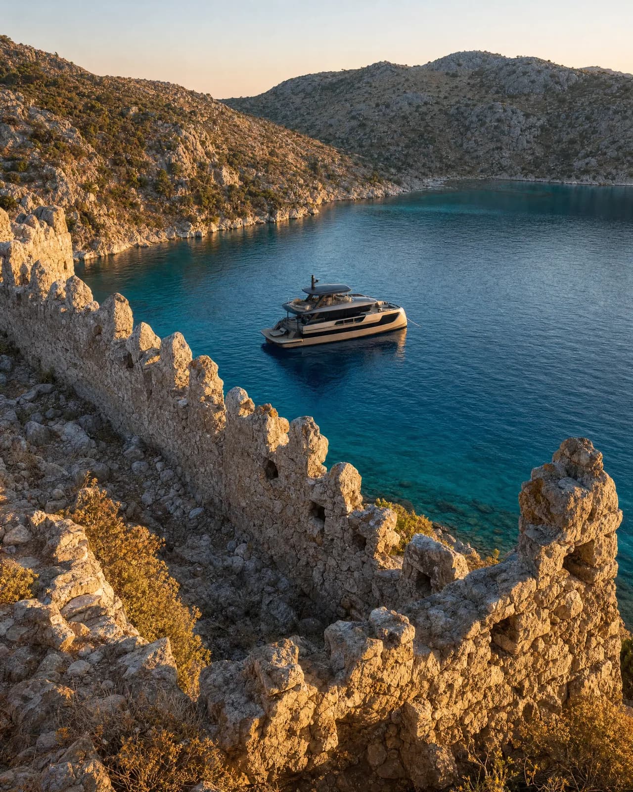 SUE ROSSO at anchor below the ancient walls of Loryma at Bozukkale