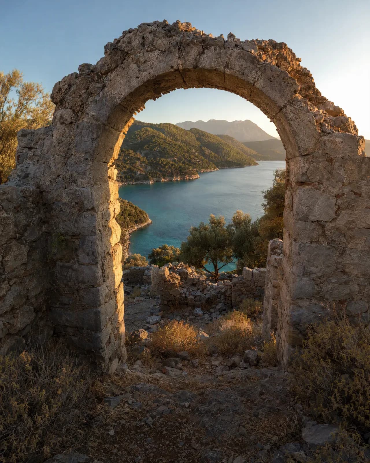 The strait off Fethiye framed by a Byzantine arch on Gemiler Island