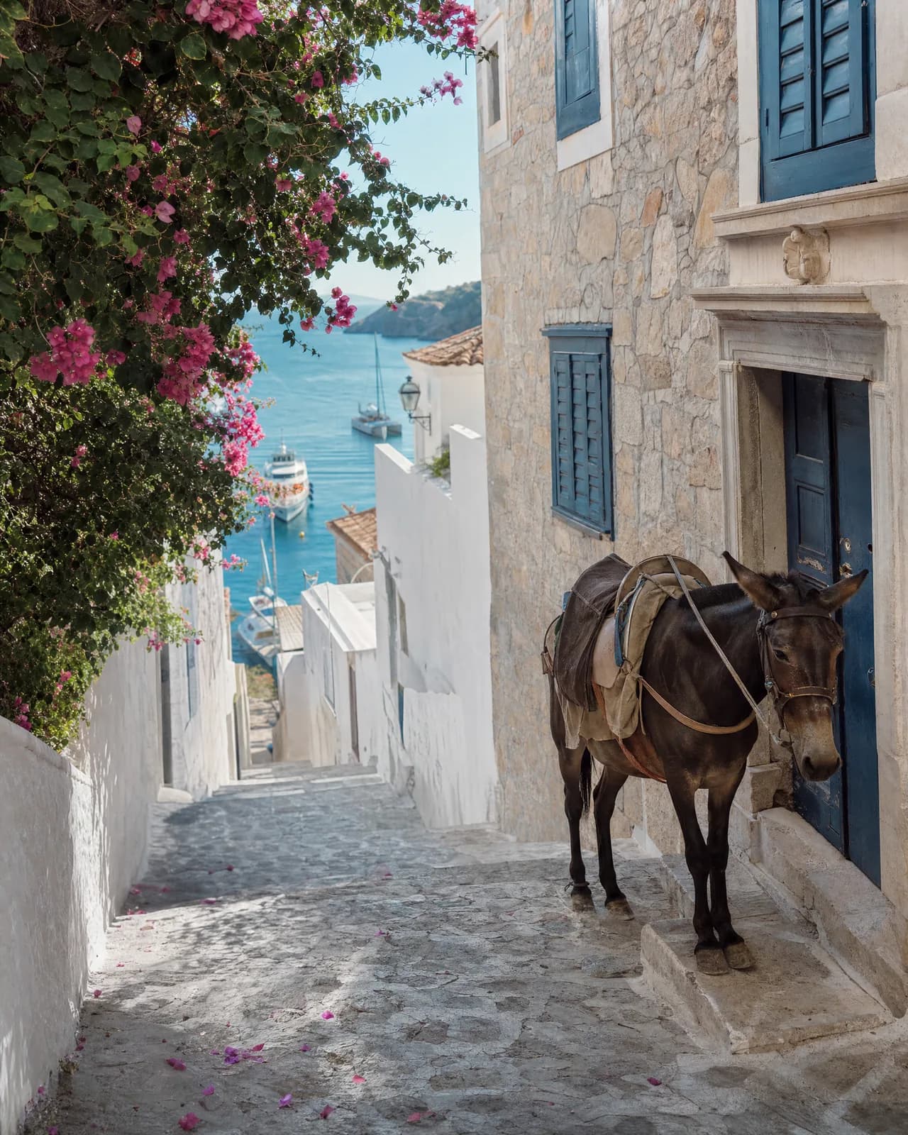 A car-free stone lane in Hydra town