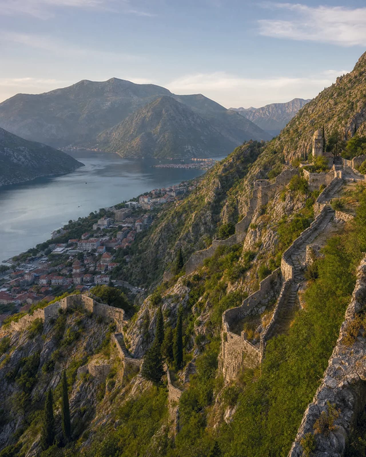 Kotor's fortress walls above the bay
