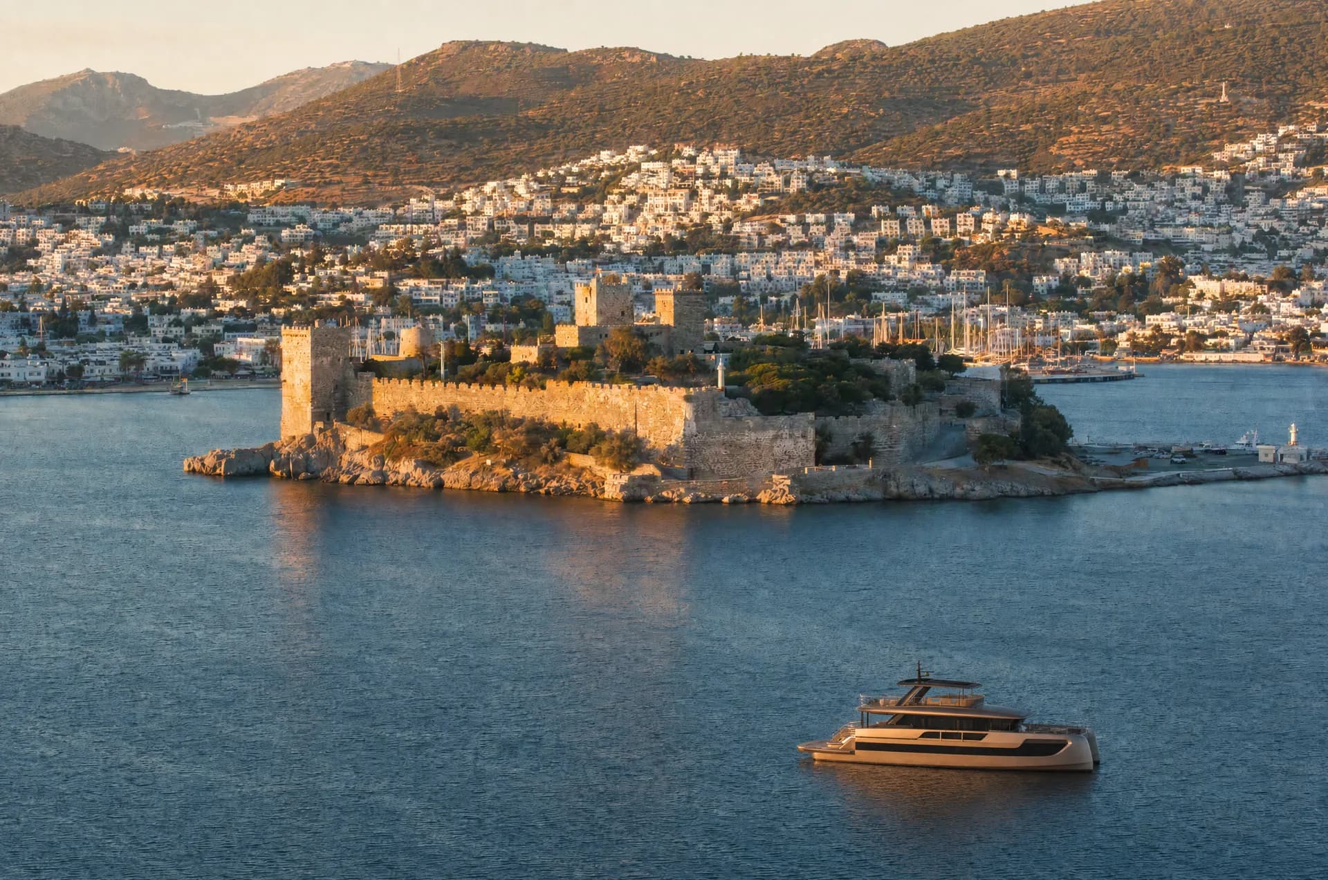 SUE ROSSO at anchor off Bodrum Castle at golden hour