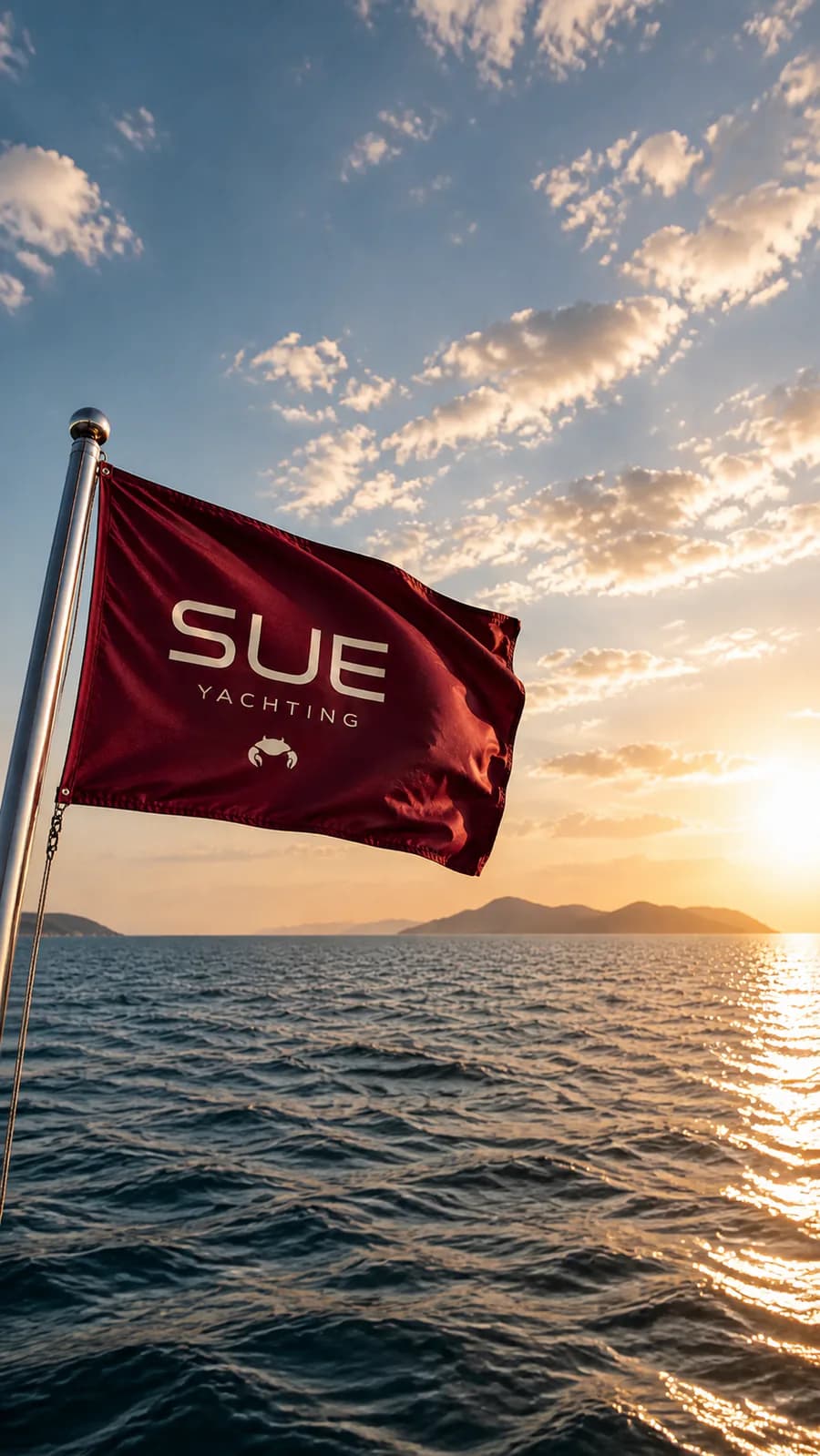 The SUE Yachting flag above the sea at sunset