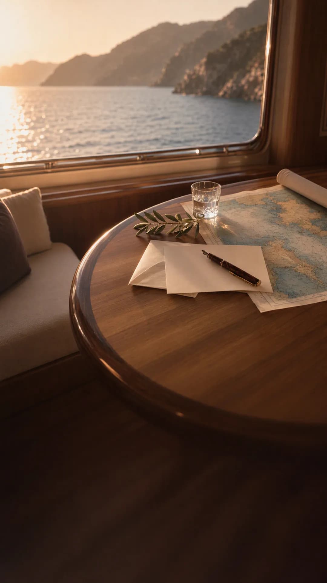 A nautical chart, a blank card and a fountain pen on a yacht salon table by the window at sunset