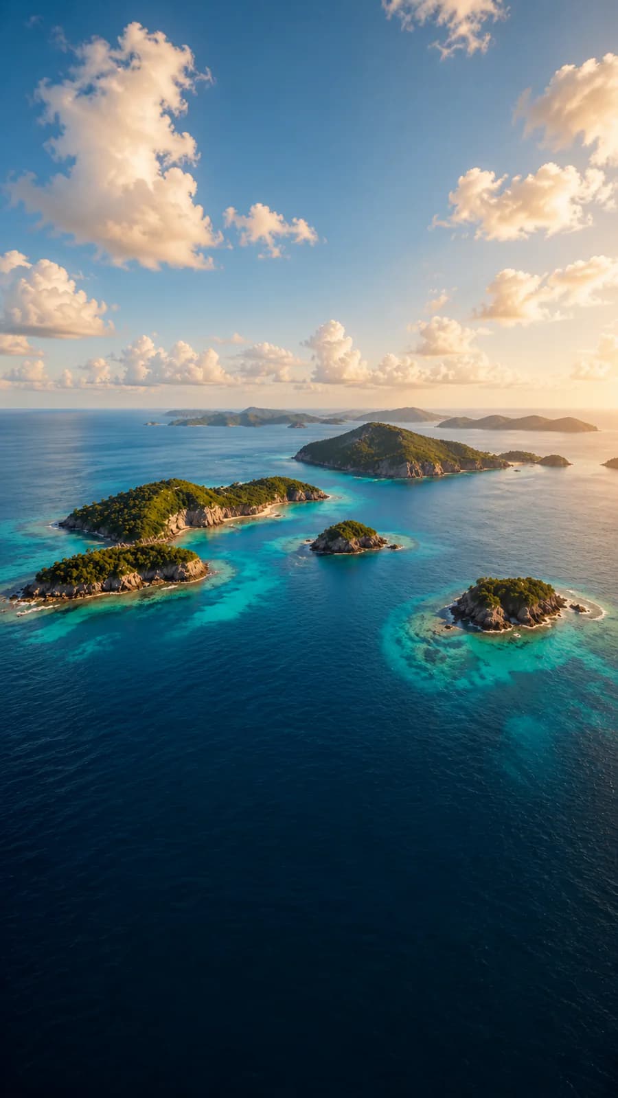 A vertical view of green islands and turquoise channels at golden hour