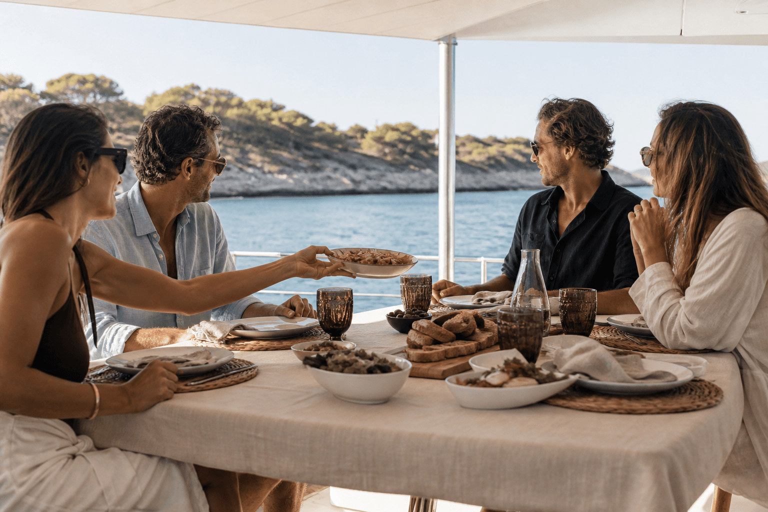 Friends sharing a relaxed lunch in a calm Mediterranean anchorage