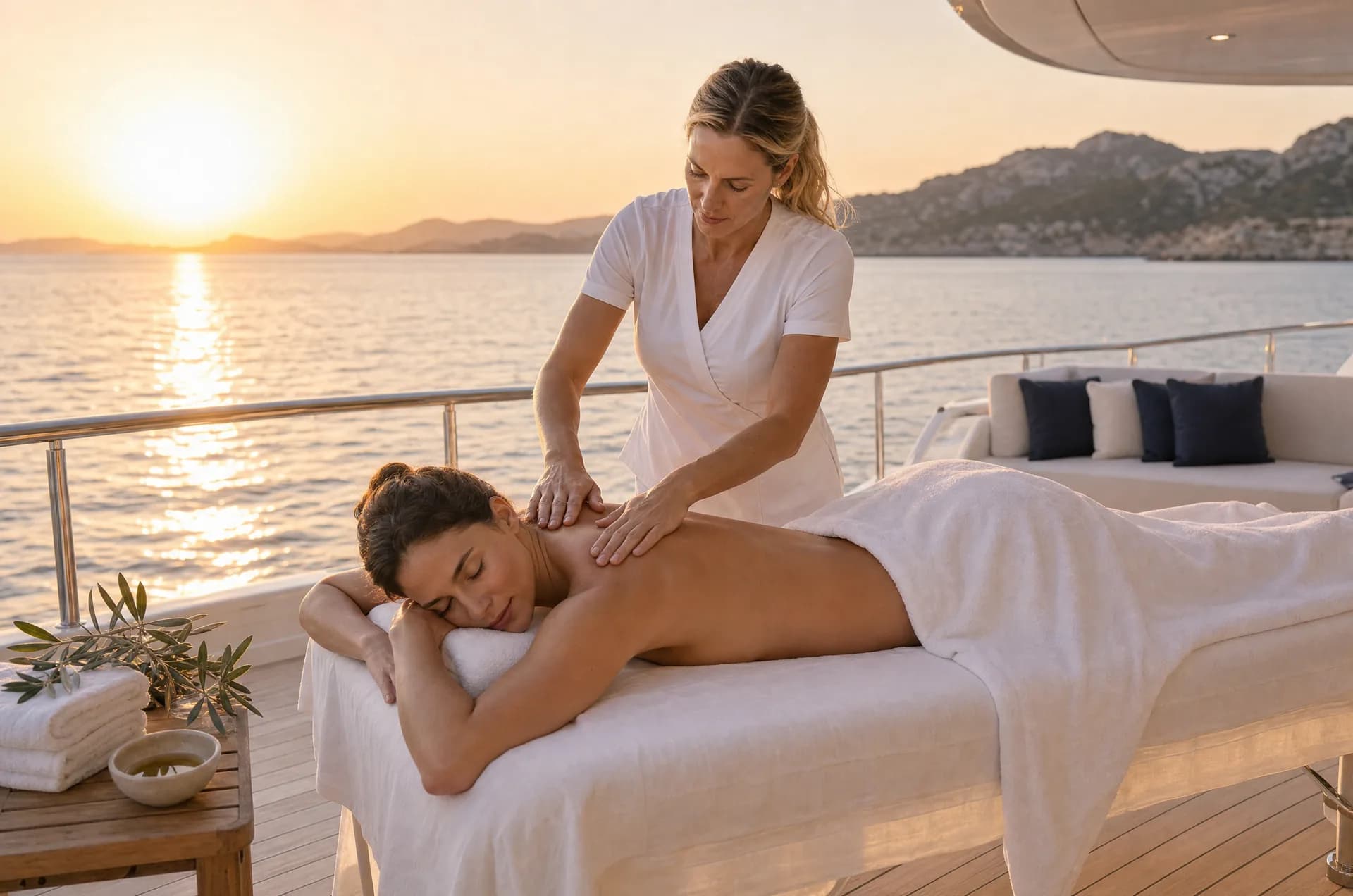 A massage therapist giving a guest a massage on the yacht deck at golden hour