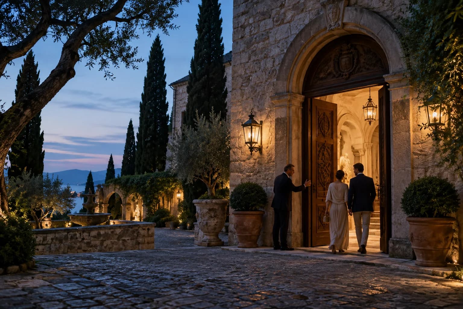 A local guide welcoming guests into a private Mediterranean estate at dusk