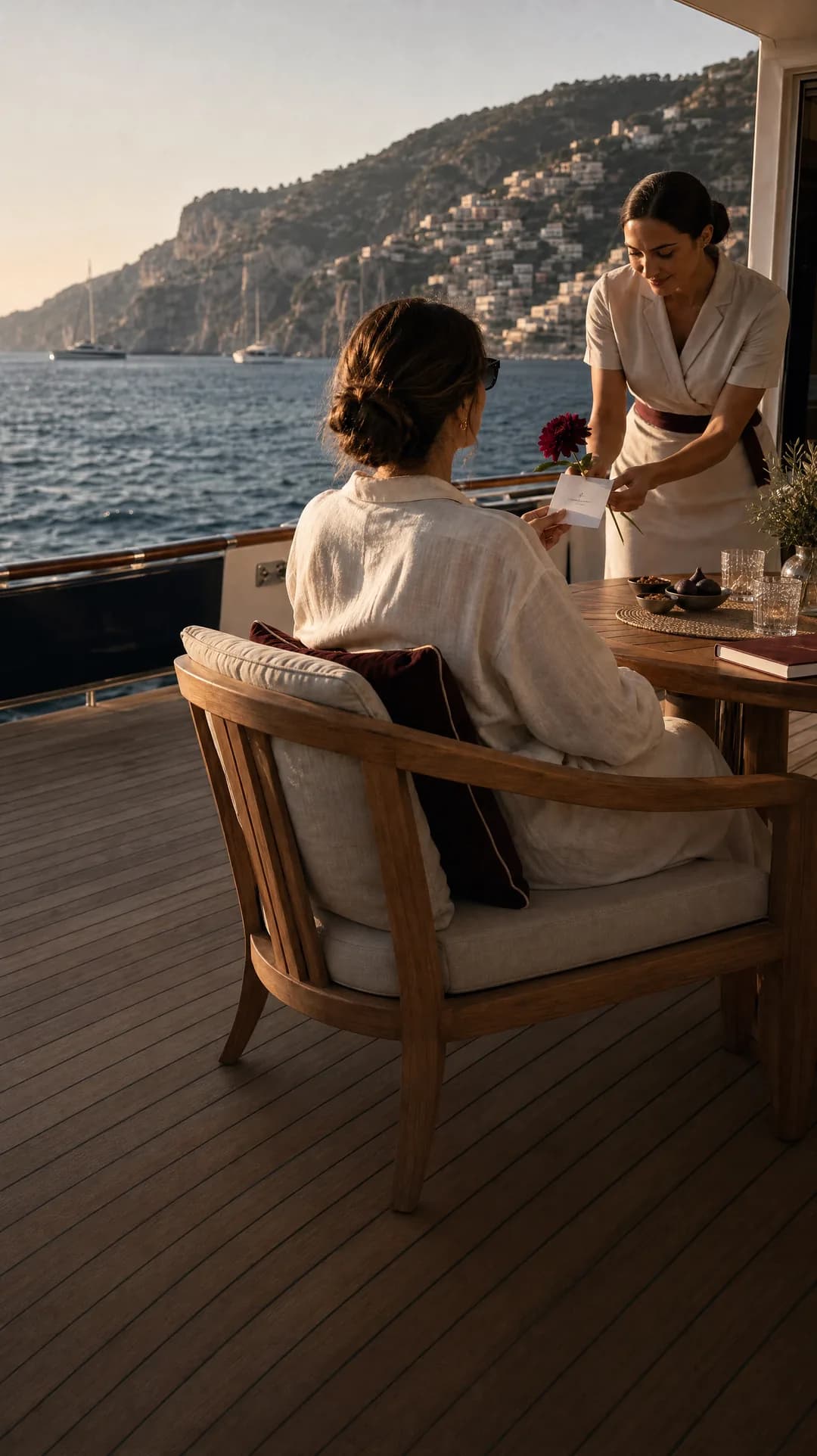 A guest receiving a personal note and flower on deck overlooking the Mediterranean