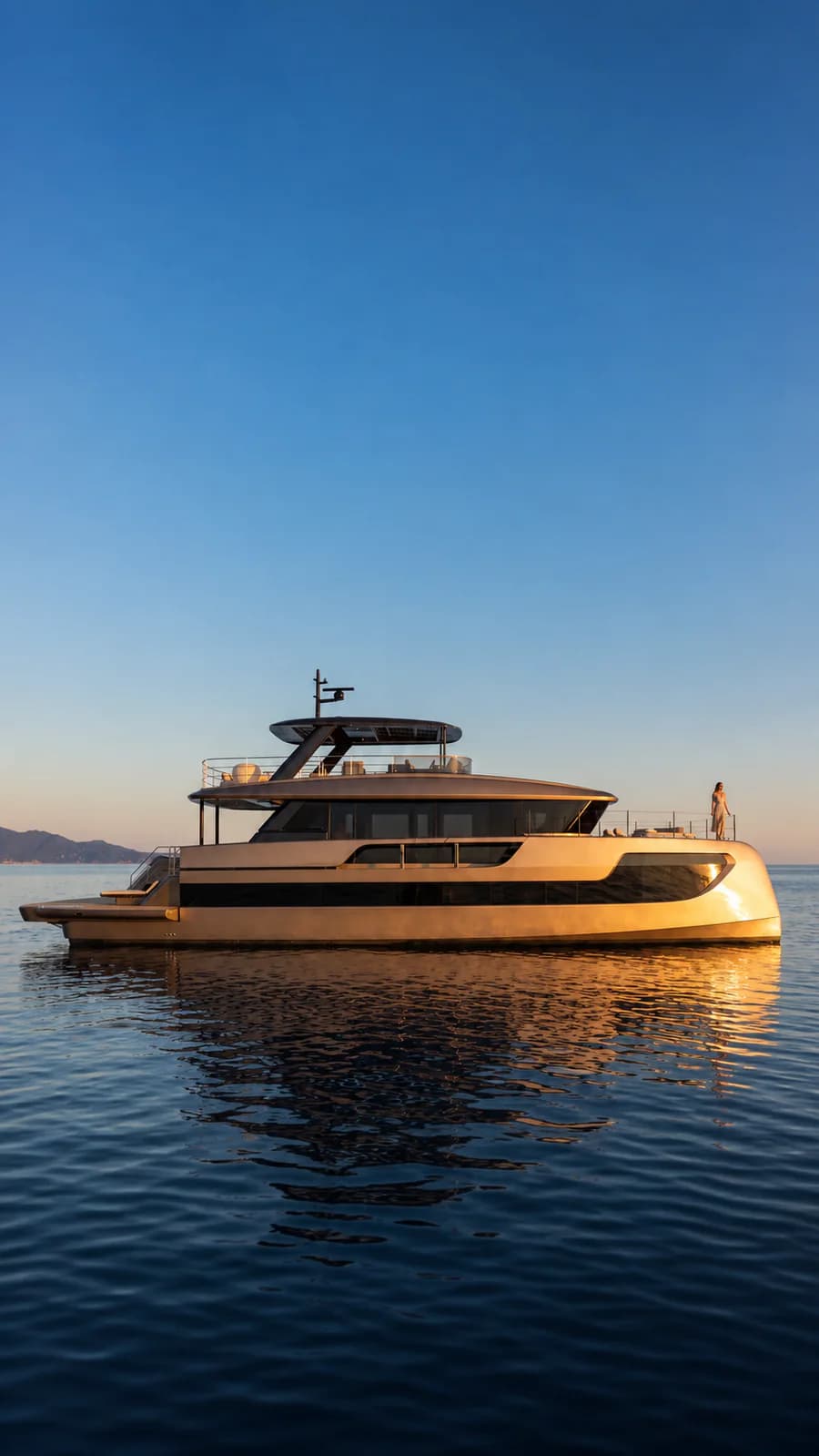 SUE ROSSO in full profile on calm water at golden hour